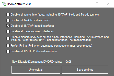 Screenshot from main windows of IPv6Control.